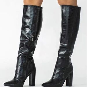 Black Croc-Embossed Knee-High Boots